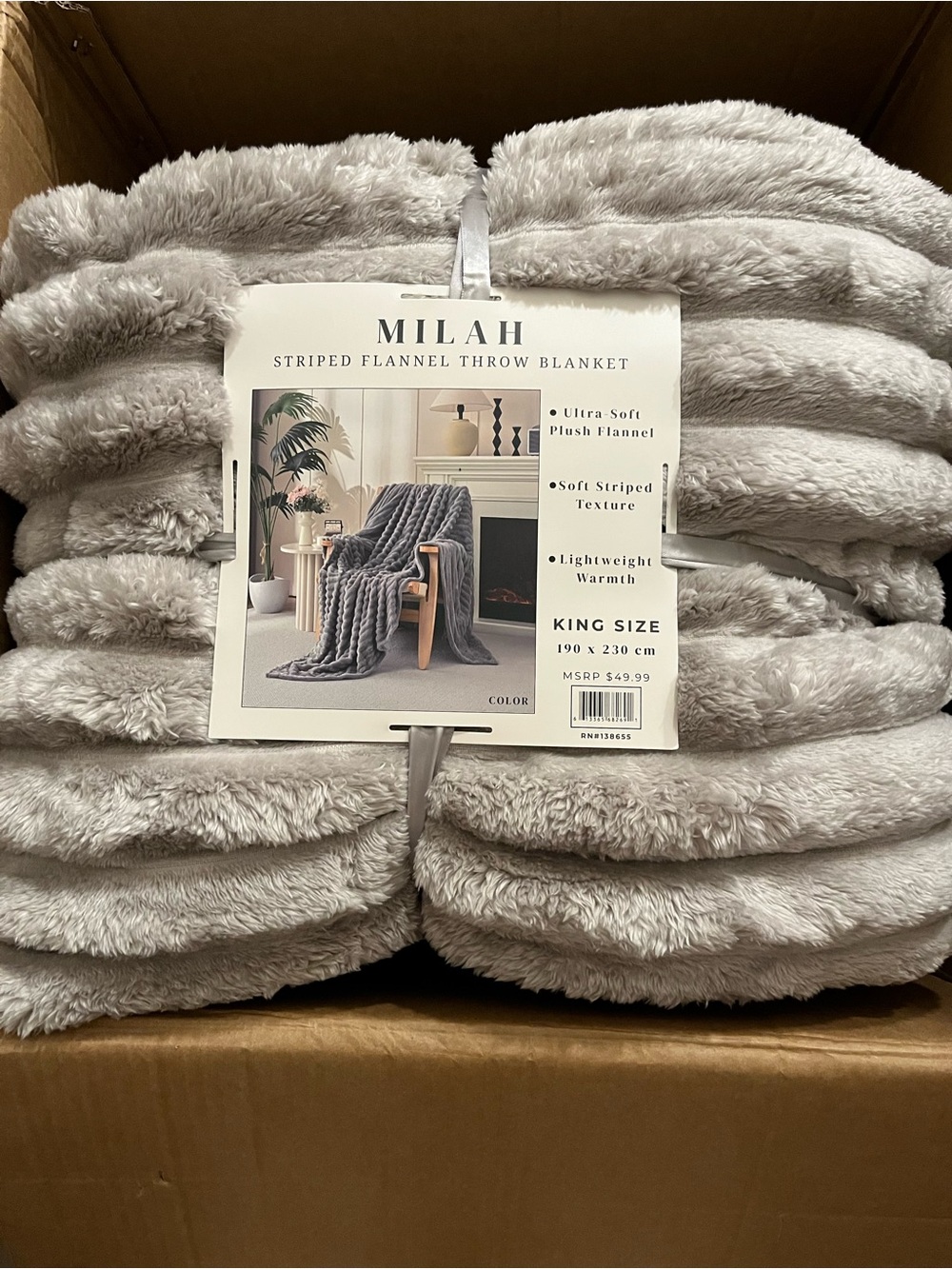 Milah Soft Striped Flannel Throw Blanket - Light Gray